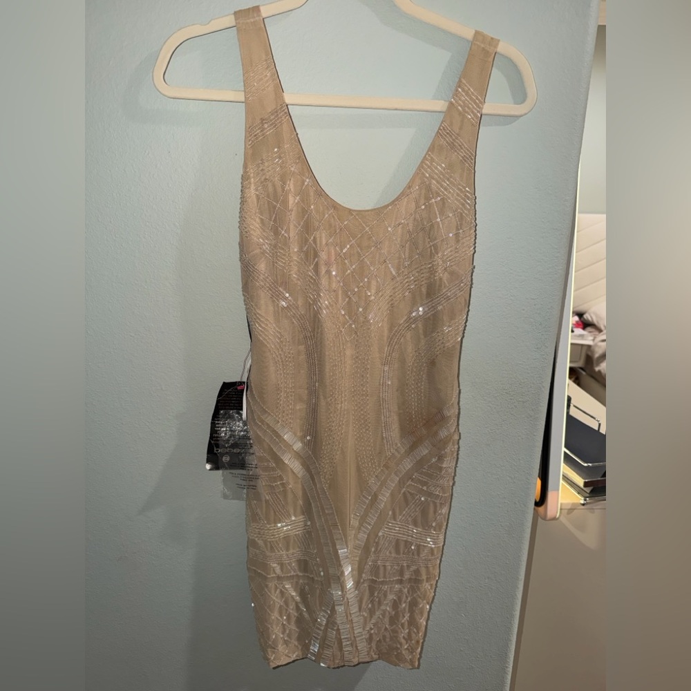 bebe Beaded Nude Champagne Dress